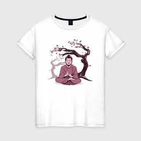 Женская футболка хлопок с принтом Будда Сакура в Курске, 100% хлопок | прямой крой, круглый вырез горловины, длина до линии бедер, слегка спущенное плечо | buddha | medidate | medidation | sakura | yoga | буда | будда | йога | медитация | сакура | япония