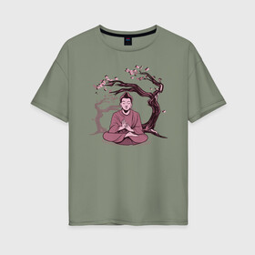 Женская футболка хлопок Oversize с принтом Будда Сакура в Курске, 100% хлопок | свободный крой, круглый ворот, спущенный рукав, длина до линии бедер
 | Тематика изображения на принте: buddha | medidate | medidation | sakura | yoga | буда | будда | йога | медитация | сакура | япония