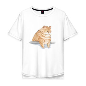 Мужская футболка хлопок Oversize с принтом Толстый Кот в Курске, 100% хлопок | свободный крой, круглый ворот, “спинка” длиннее передней части | cat | cat meme | интернет | кот | кот кусь | кот мем | котейка | котенок | кошак | мем | мем с котом | мемы с котиками | приколы | удивленный кот мем