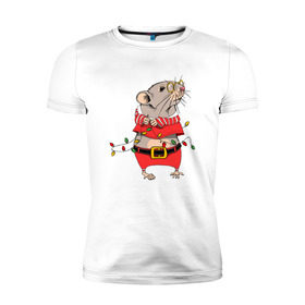 Мужская футболка премиум с принтом Новогодняя мышка с гирляндой в Курске, 92% хлопок, 8% лайкра | приталенный силуэт, круглый вырез ворота, длина до линии бедра, короткий рукав | 
