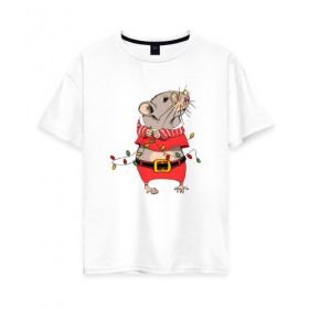 Женская футболка хлопок Oversize с принтом Новогодняя мышка с гирляндой в Курске, 100% хлопок | свободный крой, круглый ворот, спущенный рукав, длина до линии бедер
 | 