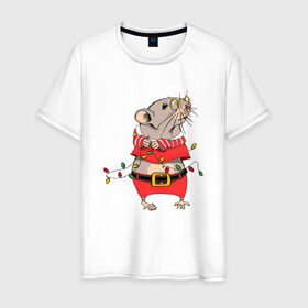 Мужская футболка хлопок с принтом Новогодняя мышка с гирляндой в Курске, 100% хлопок | прямой крой, круглый вырез горловины, длина до линии бедер, слегка спущенное плечо. | 