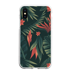 Чехол для iPhone XS Max матовый с принтом Тропический комуфляж в Курске, Силикон | Область печати: задняя сторона чехла, без боковых панелей | букет | бутон | джунгли | зелёный | красный | лепестки | лепесток | лес | листья | папоротник | синий | тропики | цветок