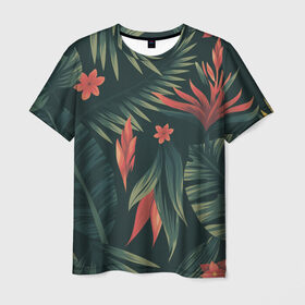 Мужская футболка 3D с принтом Тропический комуфляж в Курске, 100% полиэфир | прямой крой, круглый вырез горловины, длина до линии бедер | букет | бутон | джунгли | зелёный | красный | лепестки | лепесток | лес | листья | папоротник | синий | тропики | цветок