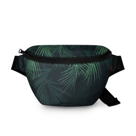 Поясная сумка 3D с принтом Пальмовый узор в Курске, 100% полиэстер | плотная ткань, ремень с регулируемой длиной, внутри несколько карманов для мелочей, основное отделение и карман с обратной стороны сумки застегиваются на молнию | джунгли | зелёный | лепестки | лепесток | лес | листья | пальма | пальмы | папоротник | салатовый | тропики | черный
