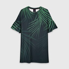 Детское платье 3D с принтом Пальмовый узор в Курске, 100% полиэстер | прямой силуэт, чуть расширенный к низу. Круглая горловина, на рукавах — воланы | джунгли | зелёный | лепестки | лепесток | лес | листья | пальма | пальмы | папоротник | салатовый | тропики | черный
