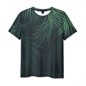 Мужская футболка 3D с принтом Пальмовый узор в Курске, 100% полиэфир | прямой крой, круглый вырез горловины, длина до линии бедер | Тематика изображения на принте: джунгли | зелёный | лепестки | лепесток | лес | листья | пальма | пальмы | папоротник | салатовый | тропики | черный