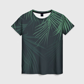 Женская футболка 3D с принтом Пальмовый узор в Курске, 100% полиэфир ( синтетическое хлопкоподобное полотно) | прямой крой, круглый вырез горловины, длина до линии бедер | джунгли | зелёный | лепестки | лепесток | лес | листья | пальма | пальмы | папоротник | салатовый | тропики | черный