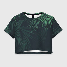Женская футболка Crop-top 3D с принтом Пальмовый узор в Курске, 100% полиэстер | круглая горловина, длина футболки до линии талии, рукава с отворотами | джунгли | зелёный | лепестки | лепесток | лес | листья | пальма | пальмы | папоротник | салатовый | тропики | черный