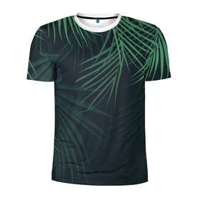 Мужская футболка 3D спортивная с принтом Пальмовый узор в Курске, 100% полиэстер с улучшенными характеристиками | приталенный силуэт, круглая горловина, широкие плечи, сужается к линии бедра | джунгли | зелёный | лепестки | лепесток | лес | листья | пальма | пальмы | папоротник | салатовый | тропики | черный