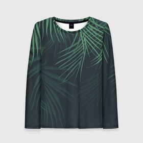 Женский лонгслив 3D с принтом Пальмовый узор в Курске, 100% полиэстер | длинные рукава, круглый вырез горловины, полуприлегающий силуэт | джунгли | зелёный | лепестки | лепесток | лес | листья | пальма | пальмы | папоротник | салатовый | тропики | черный