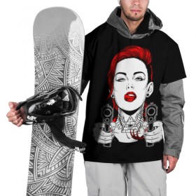 Накидка на куртку 3D с принтом Woman is holding a gun в Курске, 100% полиэстер |  | girl | guns | tattoo | woman | девушка | красотка | масоны | оружие | пистолеты | тату | треугольник