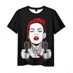 Мужская футболка 3D с принтом Woman is holding a gun в Курске, 100% полиэфир | прямой крой, круглый вырез горловины, длина до линии бедер | girl | guns | tattoo | woman | девушка | красотка | масоны | оружие | пистолеты | тату | треугольник