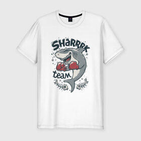 Мужская футболка хлопок Slim с принтом Shark Team в Курске, 92% хлопок, 8% лайкра | приталенный силуэт, круглый вырез ворота, длина до линии бедра, короткий рукав | Тематика изображения на принте: shark | shark team | акула | бокс | перчатки | спорт