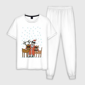 Мужская пижама хлопок с принтом THE HATTERS: Дед Мороз не показывает слёз в Курске, 100% хлопок | брюки и футболка прямого кроя, без карманов, на брюках мягкая резинка на поясе и по низу штанин
 | Тематика изображения на принте: hatters | дед мороз | джипси | музыченко | новый год | олень | рождество | рок | ска | снег | снежинки | фолк | шляпники