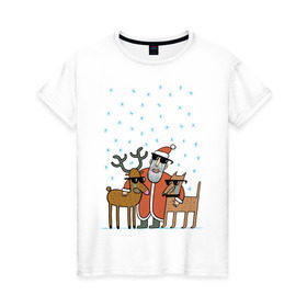 Женская футболка хлопок с принтом THE HATTERS: Дед Мороз не показывает слёз в Курске, 100% хлопок | прямой крой, круглый вырез горловины, длина до линии бедер, слегка спущенное плечо | hatters | дед мороз | джипси | музыченко | новый год | олень | рождество | рок | ска | снег | снежинки | фолк | шляпники