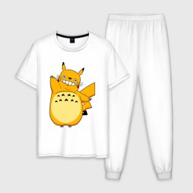Мужская пижама хлопок с принтом Pika Totoro в Курске, 100% хлопок | брюки и футболка прямого кроя, без карманов, на брюках мягкая резинка на поясе и по низу штанин
 | forest | friend | ghibli | japan | keeper | miyazaki | nature | neigbor | neighbour | pikachu | pokemon | totoro | анимация | аниме | гибли | друг | животные | лес | любовь | милый | мир | миядзаки | мульт | мультфильм | пика | пикачу | покемон | приключе