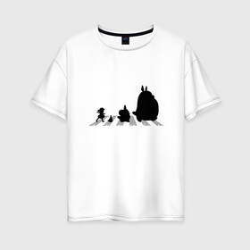 Женская футболка хлопок Oversize с принтом Totoro Beatles в Курске, 100% хлопок | свободный крой, круглый ворот, спущенный рукав, длина до линии бедер
 | abbey road | beatles | forest | friend | ghibli | japan | keeper | miyazaki | music | nature | neigbor | neighbo | rock | totoro | анимация | аниме | битлз | гибли | друг | животные | лес | любовь | милый | мир | миядзаки | музыка | мульт | мультфильм | п
