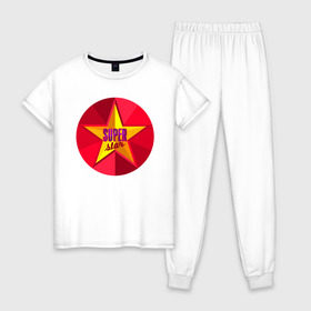 Женская пижама хлопок с принтом Super star в Курске, 100% хлопок | брюки и футболка прямого кроя, без карманов, на брюках мягкая резинка на поясе и по низу штанин | star | super | звезда | супер | суперзвезда