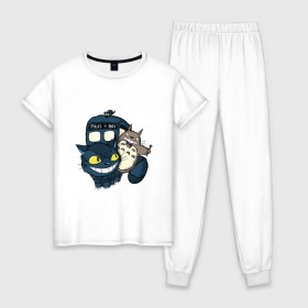 Женская пижама хлопок с принтом Tardis Totoro в Курске, 100% хлопок | брюки и футболка прямого кроя, без карманов, на брюках мягкая резинка на поясе и по низу штанин | Тематика изображения на принте: doctor who | forest | friend | ghibli | japan | keeper | miyazaki | nature | neigbor | neighbour | tardis | totoro | анимация | аниме | гибли | доктор кто | друг | животные | кот | лес | любовь | милый | мир | миядзаки | мульт | мультфильм | приключения |