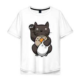Мужская футболка хлопок Oversize с принтом Totoro Maneki Neko в Курске, 100% хлопок | свободный крой, круглый ворот, “спинка” длиннее передней части | cat | forest | friend | ghibli | japan | keeper | miyazaki | nature | neigbor | neighbour | totoro | анимация | аниме | гибли | друг | животные | кот | котенок | котик | кошка | лес | любовь | милый | мир | миядзаки | мульт | мультфильм