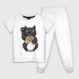 Детская пижама хлопок с принтом Totoro Maneki Neko в Курске, 100% хлопок |  брюки и футболка прямого кроя, без карманов, на брюках мягкая резинка на поясе и по низу штанин
 | Тематика изображения на принте: cat | forest | friend | ghibli | japan | keeper | miyazaki | nature | neigbor | neighbour | totoro | анимация | аниме | гибли | друг | животные | кот | котенок | котик | кошка | лес | любовь | милый | мир | миядзаки | мульт | мультфильм