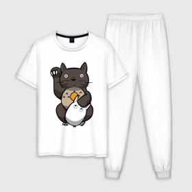 Мужская пижама хлопок с принтом Totoro Maneki Neko в Курске, 100% хлопок | брюки и футболка прямого кроя, без карманов, на брюках мягкая резинка на поясе и по низу штанин
 | Тематика изображения на принте: cat | forest | friend | ghibli | japan | keeper | miyazaki | nature | neigbor | neighbour | totoro | анимация | аниме | гибли | друг | животные | кот | котенок | котик | кошка | лес | любовь | милый | мир | миядзаки | мульт | мультфильм