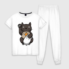 Женская пижама хлопок с принтом Totoro Maneki Neko в Курске, 100% хлопок | брюки и футболка прямого кроя, без карманов, на брюках мягкая резинка на поясе и по низу штанин | cat | forest | friend | ghibli | japan | keeper | miyazaki | nature | neigbor | neighbour | totoro | анимация | аниме | гибли | друг | животные | кот | котенок | котик | кошка | лес | любовь | милый | мир | миядзаки | мульт | мультфильм