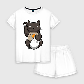 Женская пижама с шортиками хлопок с принтом Totoro Maneki Neko в Курске, 100% хлопок | футболка прямого кроя, шорты свободные с широкой мягкой резинкой | cat | forest | friend | ghibli | japan | keeper | miyazaki | nature | neigbor | neighbour | totoro | анимация | аниме | гибли | друг | животные | кот | котенок | котик | кошка | лес | любовь | милый | мир | миядзаки | мульт | мультфильм