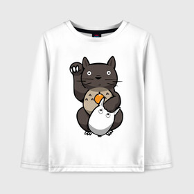 Детский лонгслив хлопок с принтом Totoro Maneki Neko в Курске, 100% хлопок | круглый вырез горловины, полуприлегающий силуэт, длина до линии бедер | Тематика изображения на принте: cat | forest | friend | ghibli | japan | keeper | miyazaki | nature | neigbor | neighbour | totoro | анимация | аниме | гибли | друг | животные | кот | котенок | котик | кошка | лес | любовь | милый | мир | миядзаки | мульт | мультфильм