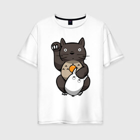 Женская футболка хлопок Oversize с принтом Totoro Maneki Neko в Курске, 100% хлопок | свободный крой, круглый ворот, спущенный рукав, длина до линии бедер
 | cat | forest | friend | ghibli | japan | keeper | miyazaki | nature | neigbor | neighbour | totoro | анимация | аниме | гибли | друг | животные | кот | котенок | котик | кошка | лес | любовь | милый | мир | миядзаки | мульт | мультфильм