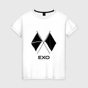 Женская футболка хлопок с принтом EXO в Курске, 100% хлопок | прямой крой, круглый вырез горловины, длина до линии бедер, слегка спущенное плечо | Тематика изображения на принте: exo | obsession | логотип exo | флаги exo