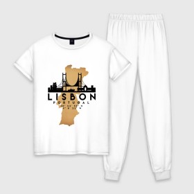 Женская пижама хлопок с принтом Лиссабон (Португалия) в Курске, 100% хлопок | брюки и футболка прямого кроя, без карманов, на брюках мягкая резинка на поясе и по низу штанин | city | lisbon | portugal | ronaldo | travel | город | европа | карта | лиссабон | мир | португалия | приключение | путешествие | роналду | столица | страна | тиризм | турист | флаг