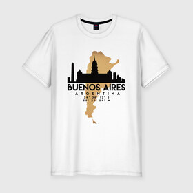 Мужская футболка хлопок Slim с принтом Буэнос-Айрес (Аргентина) в Курске, 92% хлопок, 8% лайкра | приталенный силуэт, круглый вырез ворота, длина до линии бедра, короткий рукав | Тематика изображения на принте: argentina | city | messi | travel | аргентина | город | европа | карта | курорт | месси | мир | приключение | путешествие | столица | страна | тиризм | турист | флаг