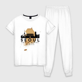 Женская пижама хлопок с принтом Сеул (Южная Корея) в Курске, 100% хлопок | брюки и футболка прямого кроя, без карманов, на брюках мягкая резинка на поясе и по низу штанин | city | korea | seoul | travel | город | европа | карта | корея | мир | приключение | путешествие | сеул | столица | страна | туризм | турист | флаг