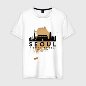 Мужская футболка хлопок с принтом Сеул (Южная Корея) в Курске, 100% хлопок | прямой крой, круглый вырез горловины, длина до линии бедер, слегка спущенное плечо. | city | korea | seoul | travel | город | европа | карта | корея | мир | приключение | путешествие | сеул | столица | страна | туризм | турист | флаг