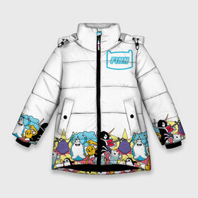 Зимняя куртка для девочек 3D с принтом Finn Adventure Time в Курске, ткань верха — 100% полиэстер; подклад — 100% полиэстер, утеплитель — 100% полиэстер. | длина ниже бедра, удлиненная спинка, воротник стойка и отстегивающийся капюшон. Есть боковые карманы с листочкой на кнопках, утяжки по низу изделия и внутренний карман на молнии. 

Предусмотрены светоотражающий принт на спинке, радужный светоотражающий элемент на пуллере молнии и на резинке для утяжки. | Тематика изображения на принте: adventure time | dsgnosadchaya | vdosadir | бимо | время приключений | гантер | джейк | марселин | пендлтон уорд | пупырка | снежный король | финн