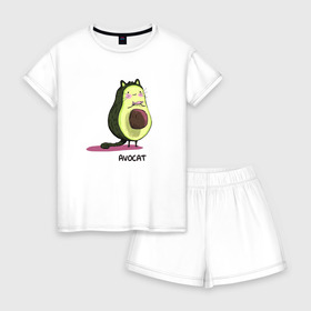 Женская пижама с шортиками хлопок с принтом Авокот в Курске, 100% хлопок | футболка прямого кроя, шорты свободные с широкой мягкой резинкой | avocat | авокадо | кот | рисунок