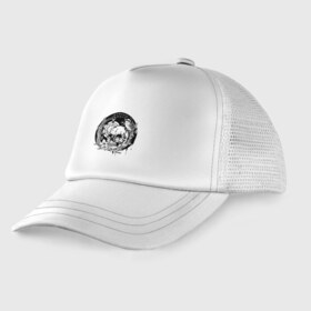 Детская кепка тракер Memento mori: в Курске, Козырек - 100% хлопок. Кепка - 100% полиэстер, Задняя часть - сетка | универсальный размер, пластиковая застёжка | Тематика изображения на принте: bird | clock | eye | flower | grin | jaw | leaf | memento mori | orbits | skull | teeth | глаз | глазницы | зубы | лист | оскал | птица | цветок | часы | череп