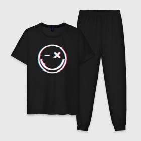Мужская пижама хлопок с принтом Smile Glitch в Курске, 100% хлопок | брюки и футболка прямого кроя, без карманов, на брюках мягкая резинка на поясе и по низу штанин
 | 