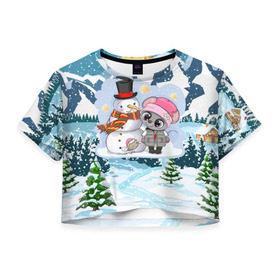 Женская футболка Cropp-top с принтом Милая мышка со снеговиком в Курске, 100% полиэстер | круглая горловина, длина футболки до линии талии, рукава с отворотами | 2020 | mouse | rat | годкрысы | годмыши | зима | зимняя | крыса | мороз | мышка | мышь | новогодняя | новый год | новый год 2020 | рождество | симолгода | снег | холод