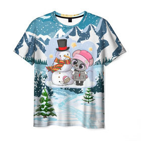 Мужская футболка 3D с принтом Милая мышка со снеговиком в Курске, 100% полиэфир | прямой крой, круглый вырез горловины, длина до линии бедер | Тематика изображения на принте: 2020 | mouse | rat | годкрысы | годмыши | зима | зимняя | крыса | мороз | мышка | мышь | новогодняя | новый год | новый год 2020 | рождество | симолгода | снег | холод
