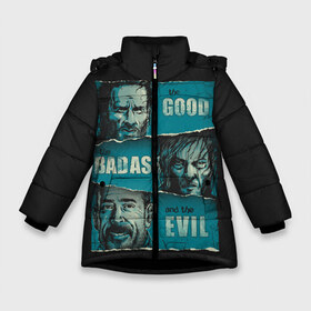 Зимняя куртка для девочек 3D с принтом Good Badass Evil в Курске, ткань верха — 100% полиэстер; подклад — 100% полиэстер, утеплитель — 100% полиэстер. | длина ниже бедра, удлиненная спинка, воротник стойка и отстегивающийся капюшон. Есть боковые карманы с листочкой на кнопках, утяжки по низу изделия и внутренний карман на молнии. 

Предусмотрены светоотражающий принт на спинке, радужный светоотражающий элемент на пуллере молнии и на резинке для утяжки. | Тематика изображения на принте: amc | carol | daryl | dixon | michonne | negan | reaction | rick | season 10 | twd | zombies | диксон | дэрил | зомби | мертвецы | мишонн | неган | реакция | рик | ходячие