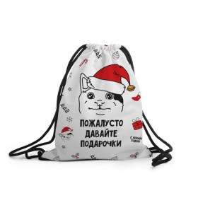 Рюкзак-мешок 3D с принтом Новогодний вежливый котик мем в Курске, 100% полиэстер | плотность ткани — 200 г/м2, размер — 35 х 45 см; лямки — толстые шнурки, застежка на шнуровке, без карманов и подкладки | 