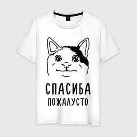 Мужская футболка хлопок с принтом Вежливый котик в Курске, 100% хлопок | прямой крой, круглый вырез горловины, длина до линии бедер, слегка спущенное плечо. | memes | polite cat | вежливый котик | вежливый котик мем | котик | мем с котом | мемы | пожалйста | приколы | спасиба пожалусто | спасибо