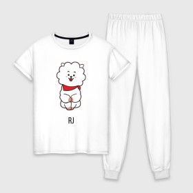 Женская пижама хлопок с принтом BTS BT21 RJ в Курске, 100% хлопок | брюки и футболка прямого кроя, без карманов, на брюках мягкая резинка на поясе и по низу штанин | Тематика изображения на принте: bt21 | bts | j hope | jimin | jin | jungkook | k pop | puzzle star bt21 | rj | rm | suga | v | для детей | игра | музыка