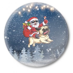 Значок с принтом Санта едет на мопсе в Курске,  металл | круглая форма, металлическая застежка в виде булавки | Тематика изображения на принте: 