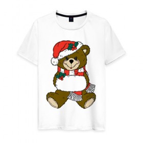 Мужская футболка хлопок с принтом Рождественский Мишка в Курске, 100% хлопок | прямой крой, круглый вырез горловины, длина до линии бедер, слегка спущенное плечо. | 