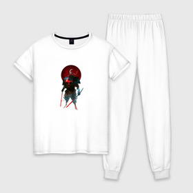 Женская пижама хлопок с принтом Самурай в Курске, 100% хлопок | брюки и футболка прямого кроя, без карманов, на брюках мягкая резинка на поясе и по низу штанин | воин | персонаж | рисунок | самурай | стикер