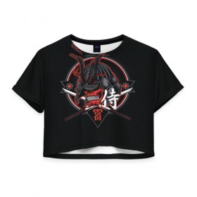 Женская футболка Cropp-top с принтом Самурай в Курске, 100% полиэстер | круглая горловина, длина футболки до линии талии, рукава с отворотами | рисунок | самурай | череп | череп самурая | шлем самурая